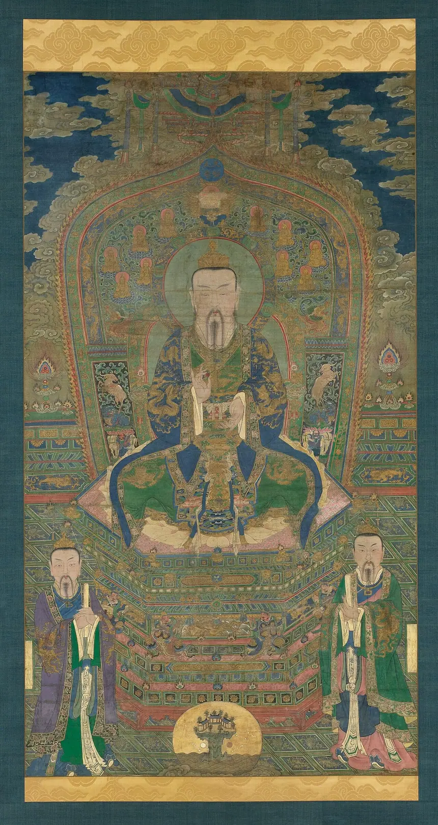 Nguyên Thủy Thiên Tôn, một trong bộ ba tranh Tam Thanh, mực, màu và vàng trên lụa, thời Minh, thế kỷ 16. Viện Mỹ thuật Minneapolis.