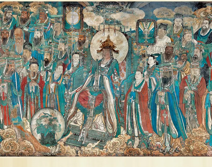 Triều Nguyên đồ, tranh tường điện Tam Thanh, Vĩnh Lạc cung, Sơn Tây, do nhóm thợ Mã Quân Tường vẽ năm 1325, thời Nguyên. Đoạn thứ hai tính từ đầu bên phải.