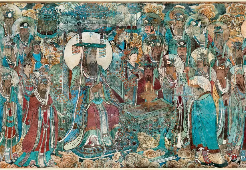 Triều Nguyên đồ, tranh tường điện Tam Thanh, Vĩnh Lạc cung, năm 1325. Đoạn thứ chín tính từ đầu bên phải.