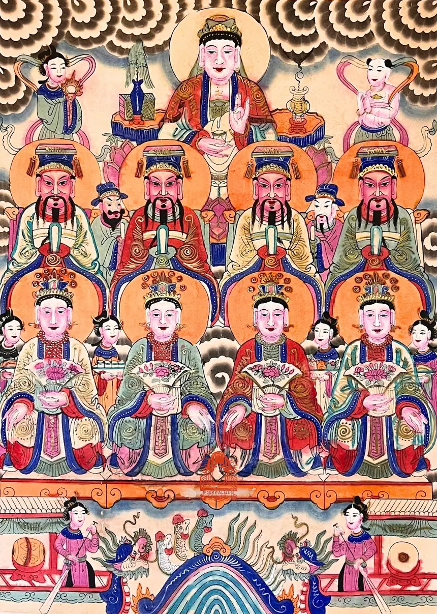 Tranh thờ Công đồng Tứ phủ, dòng tranh Hàng Trống. Người đăng ảnh ghi là tranh cổ, cuối thế kỷ 19 tới đầu thế kỷ 20, không ghi nơi giữ. Trên cùng một vị ngồi giữa hai người hầu, kế đó là hàng bốn vị quan, rồi hàng bốn vị nữ cầm quạt, dưới cùng là thuyền rồng.