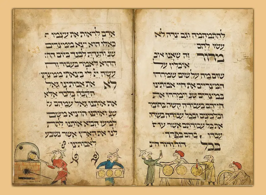 Hai trang sách Haggadah Đầu Chim, miền nam nước Đức, khoảng năm 1300. Người trong tranh mang đầu chim thay cho mặt người. Bảo tàng Israel, Jerusalem.