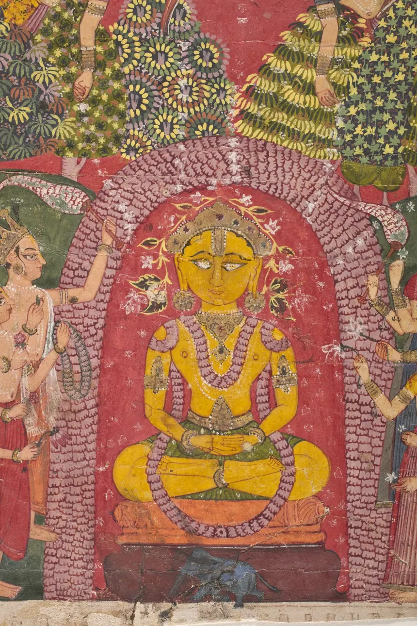 Lễ kính Jina Ajitanatha, tranh màu và vàng trên giấy, Marwar, Rajasthan, khoảng năm 1675. Vị Jina được vẽ có mũ miện và chuỗi ngọc. Bảo tàng Mỹ thuật Quận Los Angeles.