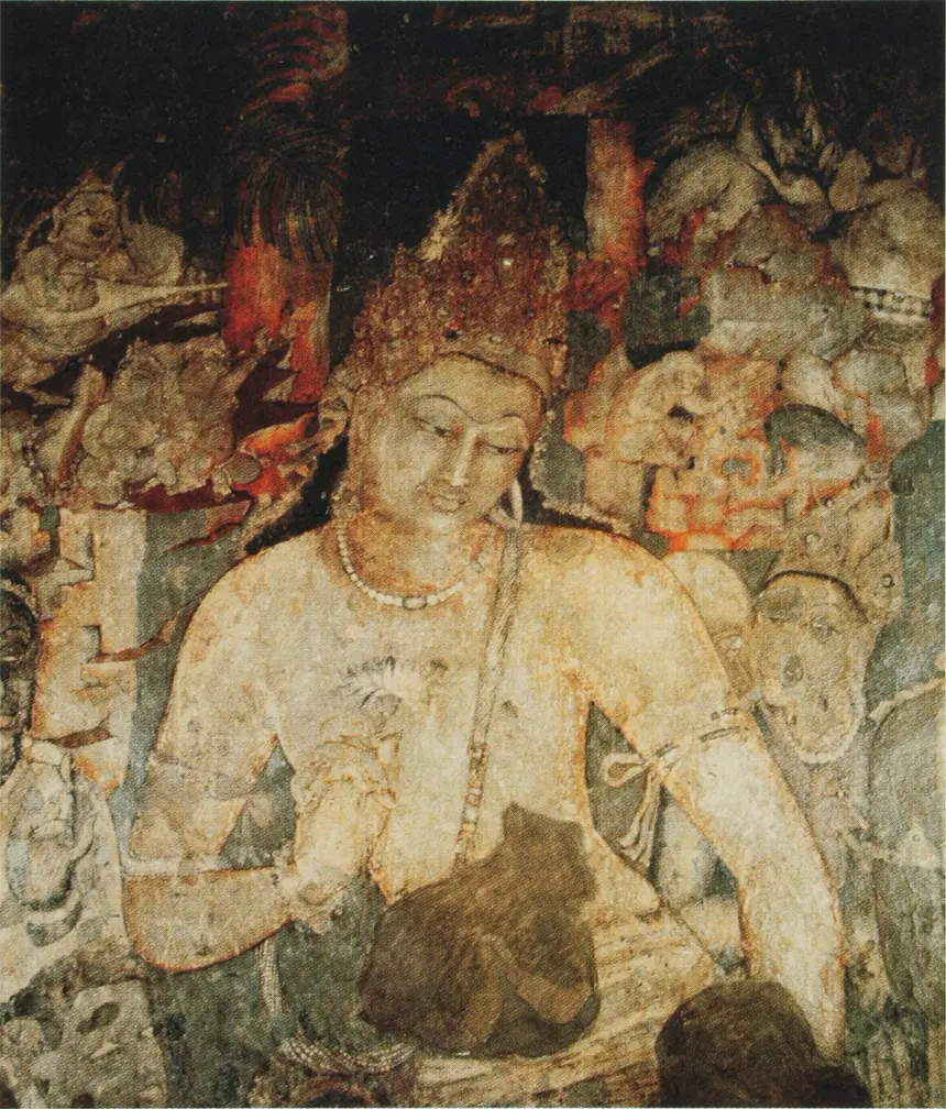 Bồ tát Liên Hoa Thủ (Padmapani), tranh tường hang 1, Ajanta, Ấn Độ, cuối thế kỷ 5.