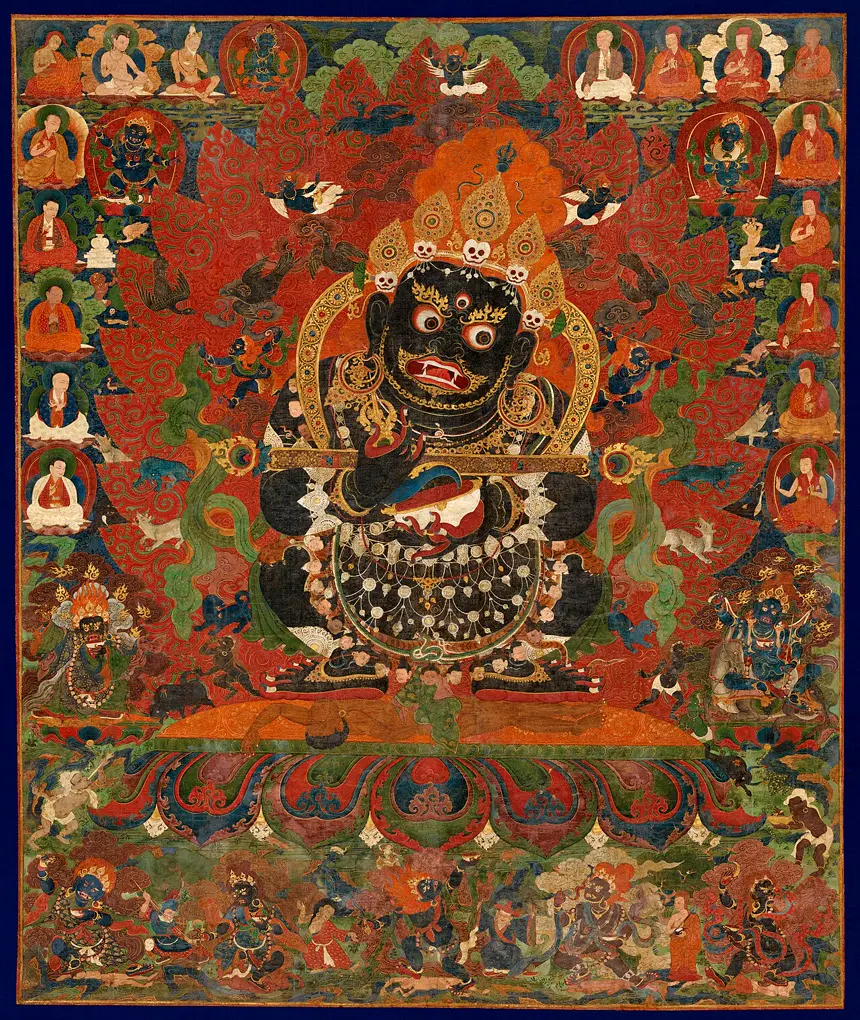 Mahākāla, vị hộ pháp phẫn nộ, tranh thangka miền trung Tây Tạng, khoảng năm 1500. Bảo tàng Metropolitan.