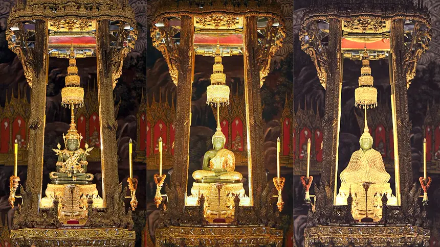 Phật Ngọc (Phra Kaeo Morakot) ở Bangkok trong ba bộ y phục của ba mùa. Ảnh ghép từ ba ảnh.