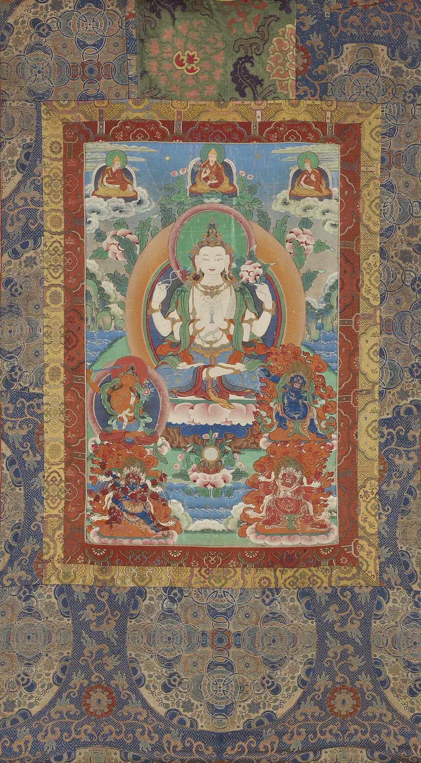 Quán Thế Âm bốn tay (Chenrezig), tranh thangka, Lhasa, cuối thế kỷ 19. Bộ sưu tập Alice S. Kandell, Smithsonian.