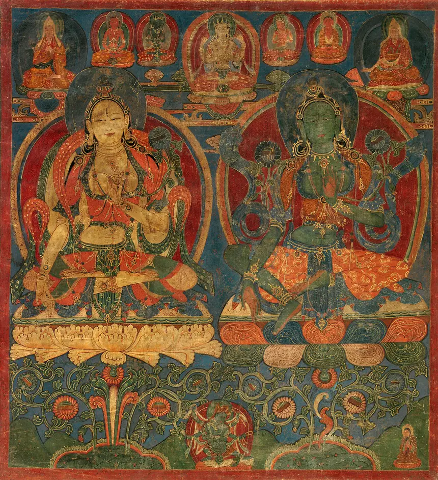 Tara Trắng và Tara Xanh, tranh trên vải, Tây Tạng miền tây (Guge), khoảng năm 1450 tới 1500. Bảo tàng Metropolitan.