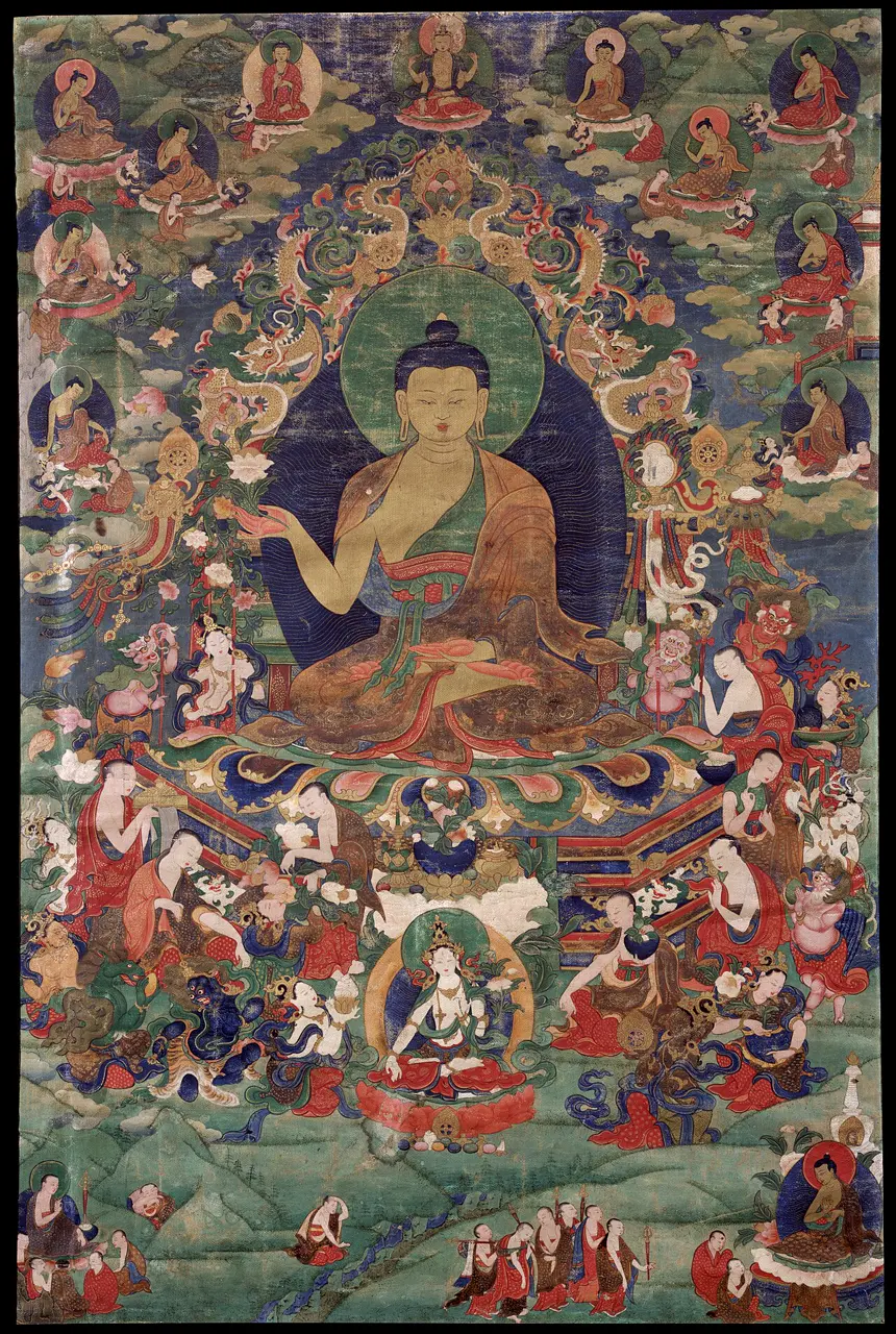 Phật Thích Ca, tranh thangka Tây Tạng, thế kỷ 18. Bảo tàng Mỹ thuật Rubin.