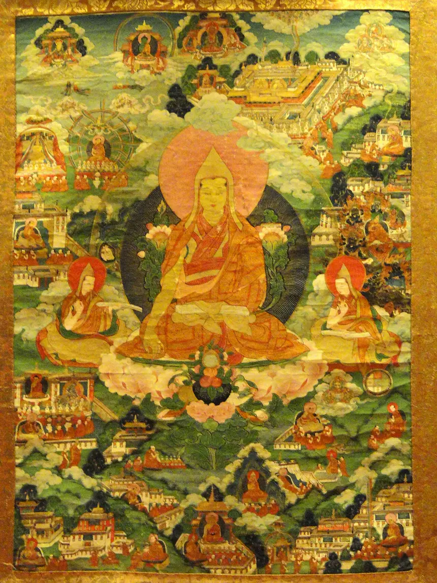 Tông Khách Ba (Tsongkhapa) đội mũ vàng, tranh thangka. Bảo tàng Lịch sử Tự nhiên Hoa Kỳ, New York.