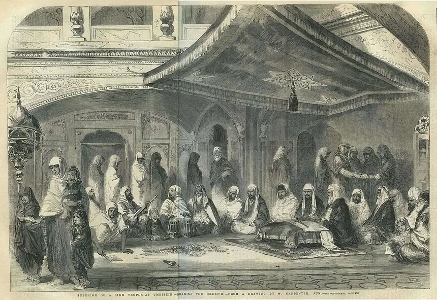 Tranh khắc in trên báo The Illustrated London News ngày 6 tháng 11 năm 1858, theo bản vẽ của W. Carpenter Jun.: cảnh đọc Kinh bên trong một đền Sikh ở Amritsar. Tư liệu lịch sử, do người phương Tây vẽ.