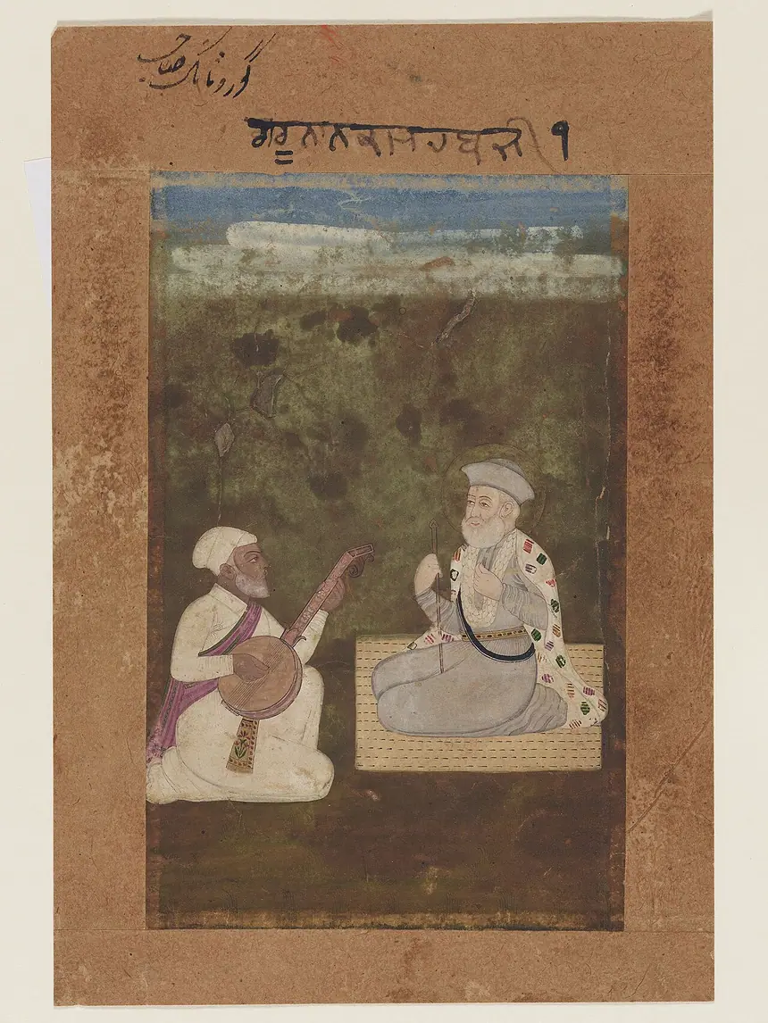 Tranh lịch sử, không phải hình thờ: Guru Nanak ngồi cùng một nhạc công. Màu trên giấy, phong cách Pahari, Bảo tàng Rietberg, Zürich, số RVI 1394. Bảo tàng ghi năm 1830, trang tệp Commons ghi khoảng 1830 tới 1850.