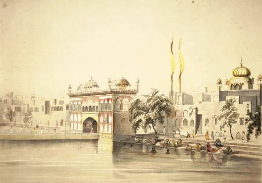 Tranh thế kỷ 19: cổng Darshani Deori, hai lá cờ Nishan Sahib và Akal Takht trong quần thể Đền Vàng, Amritsar.