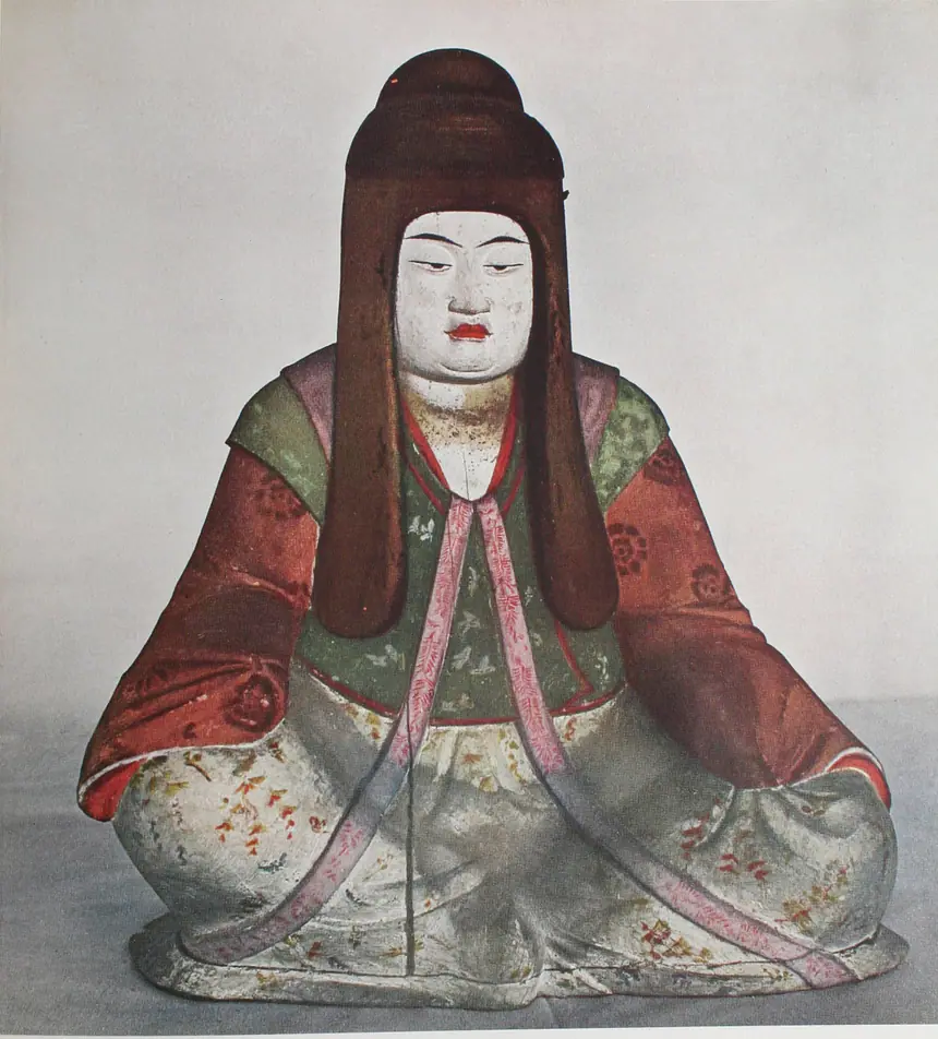 Nữ thần Nakatsuhime, gỗ tô màu, cuối thế kỷ 9, thời Heian, một pho trong bộ ba Hachiman ở đền trấn thủ của chùa Yakushi-ji, Nara. Quốc bảo. Ảnh in năm 1953.