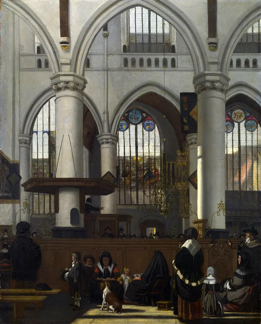 Bên trong Oude Kerk ở Amsterdam trong giờ giảng, tranh của Emanuel de Witte, khoảng năm 1658 tới 1659: hội chúng đang nghe giảng.