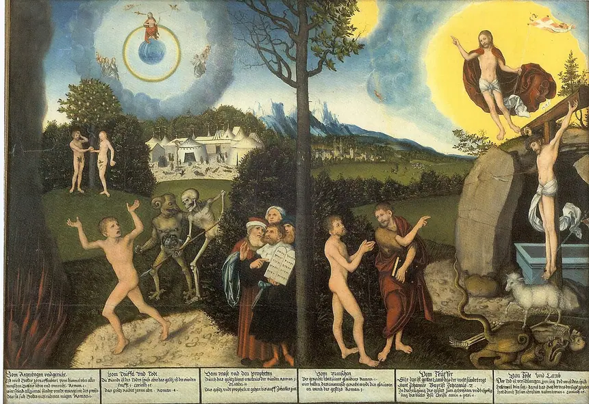 Luật pháp và Ân điển, tranh của Lucas Cranach Cha, năm 1529, bản ở Gotha, Đức. Một cái cây chia tranh làm hai nửa, phía dưới là các hàng chữ trích Kinh Thánh.