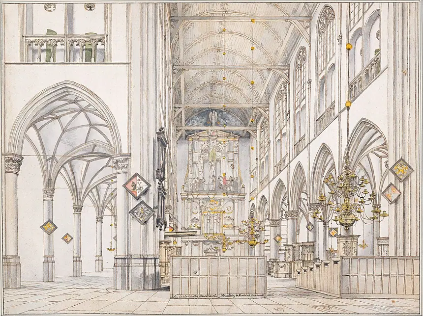 Bên trong nhà thờ Thánh Laurens ở Alkmaar, Hà Lan, bản vẽ của Pieter Saenredam, năm 1661.