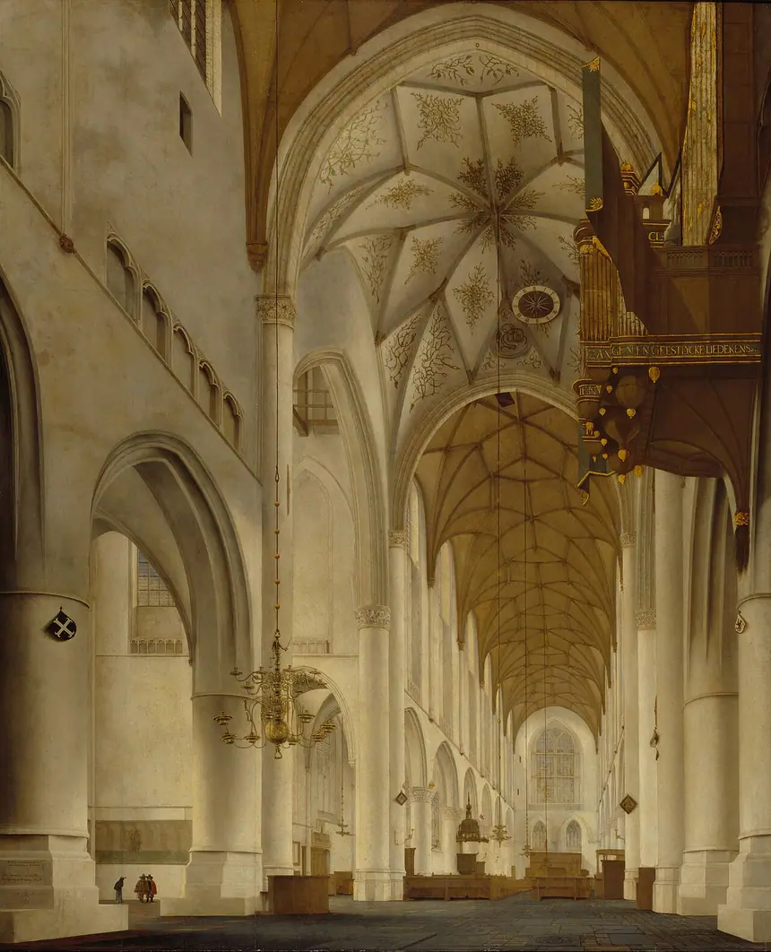 Bên trong nhà thờ Thánh Bavo ở Haarlem, Hà Lan, tranh của Pieter Saenredam, năm 1648: tường và cột quét vôi trắng, không còn tượng và tranh thờ. Phòng trưng bày Quốc gia Scotland.